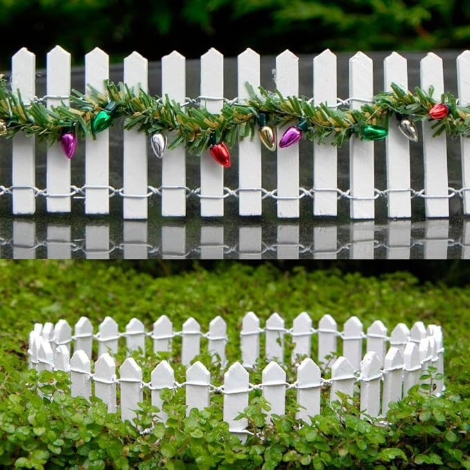Prsildan Miniature Fairy Garden Fence, 40"(L) x 2"(H) DIY Wood Picket Fence Mini Ornament for Dollhouse (White, 2 Pack)