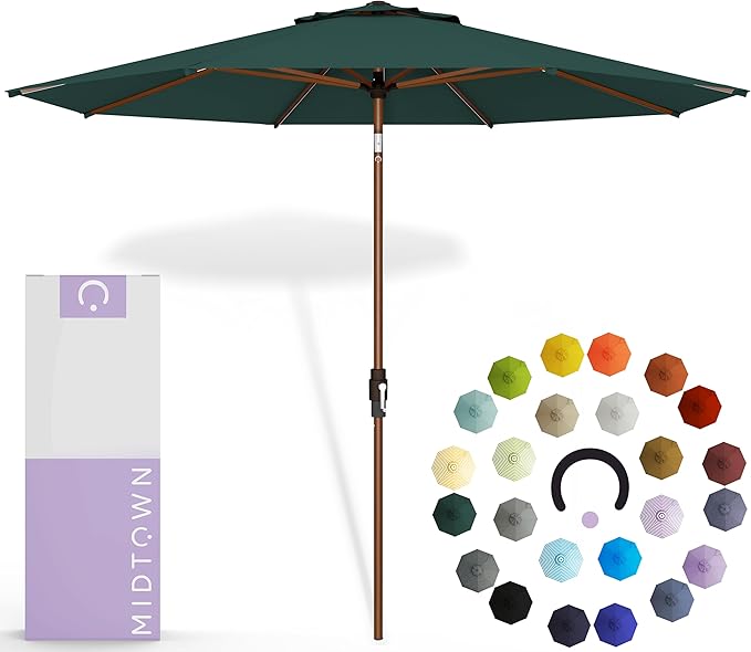 Midtown Umbrellas The Wooden 2-10 Feet Large Patio Umbrella, Terylast Dark Green Fabric - Auto-Tilt Aluminum Frame For Backyard Umbrella, Deck Umbrella, Garden Umbrella & Pool - Wooden Pole