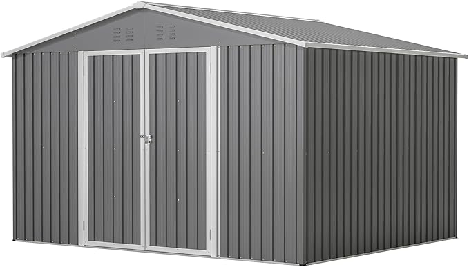 10X8 FT Outdoor Storage Shed, All Weather Metal Sheds withLockable Doors, Tool Shed for Garden, Patio, Backyard, Lawn, Grey