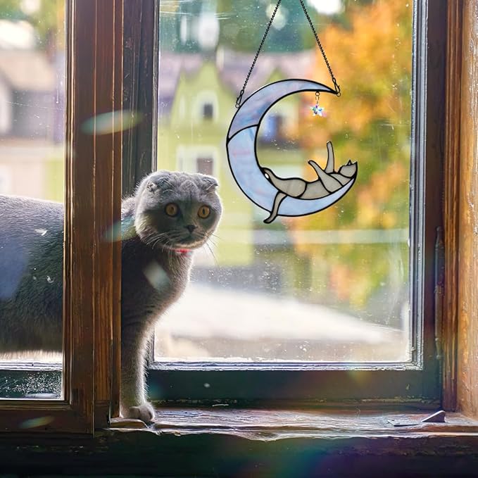 Colorful Crystal Star Grey Cat Decor,Stained Glass Suncatcher for Window Hanging,Birthday Gifts for Cat Lovers Suncatcher Indoor Window, for Women