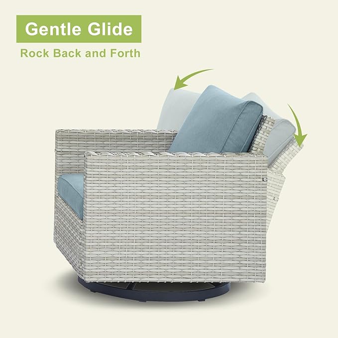 Outdoor Patio Swivel Rocker Chairs - 3 Piece Wicker Patio Furniture Bistro Swivel Rocking Chairs Set with Comfortable Cushions,Sturdy Metal Frame and Side Table for Porch Deck(Light Grey/Sky Blue)