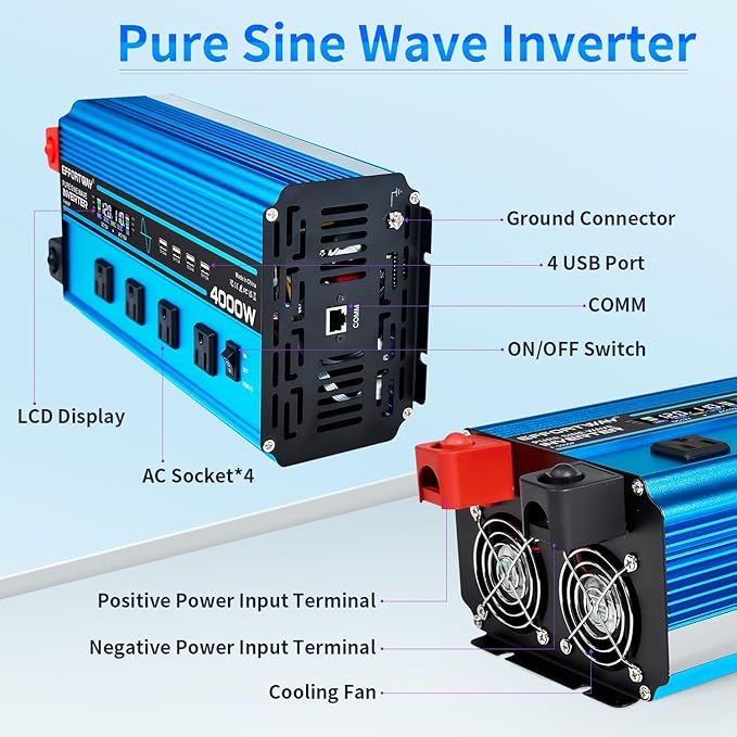 4000w Pure sine Wave Inverter DC 12V to AC 110V/120V Converter, 8000w (Peak) with LCD Display, Wireless/Wired Remote Control, 4AC outlets and 4USB.Ideal for Camping, RV Travel, Off-Grid Solar Systems
