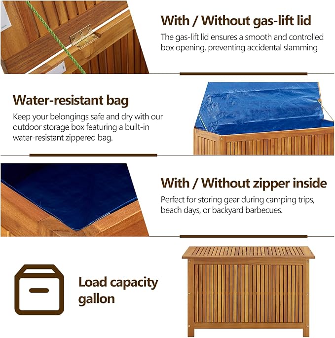 vidaXL Wooden Deck Box - Outdoor Teak Storage Chest, Ideal for Patio Furniture Cushions, Pool Accessories, Garden Tools - Water-Resistant Bag Inside - 35.4''x19.7''x22.8'', Solid Acacia Wood