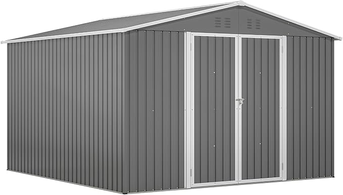 Favfurish Heavy Duty Outdoor Storage Shed, Metal Garden Shed with Sloped Roof, Lockable Doors, Black