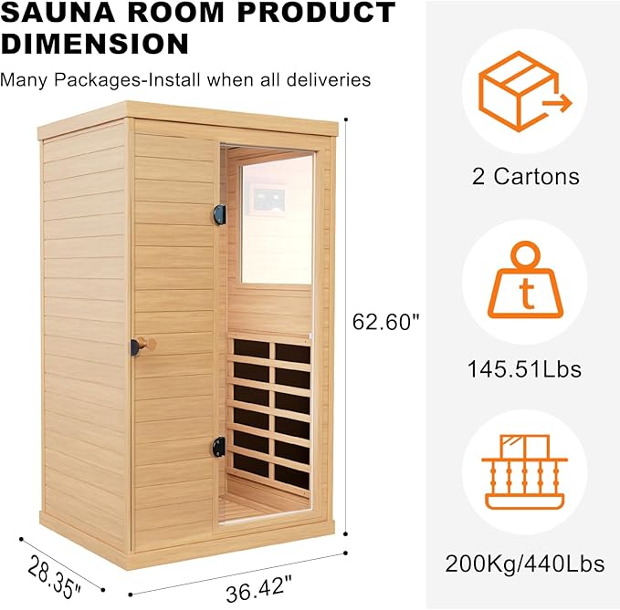 1 Person Infrared Sauna for Home, 1050W Low EMF Indoor Sauna Spa, Canadian Hemlock Home Sauna with Control Panel and Rapid Heating, Bluetooth Speaker, Right Side