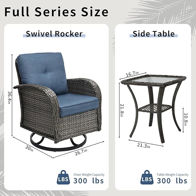 3 Pieces Patio Furniture Set, Outdoor Swivel Rocking Chair Set of 2 with Side Table - 360° Swivel, Thick Cushions, All-Weather Bistro Set for Deck, Porch, Pool(Navy, Grey Full-Weave Rattan)