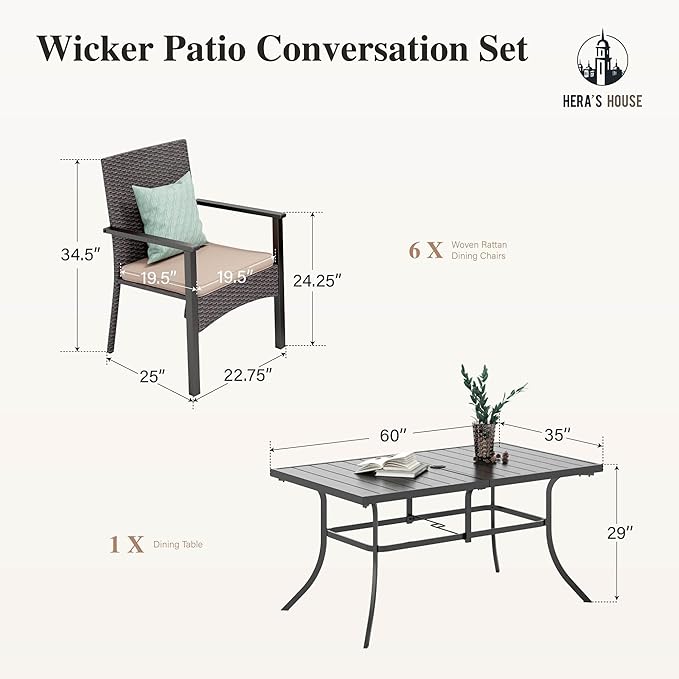 HERA'S HOUSE 7 Pieces Patio Dining Set for 6, Outdoor PE Rattan Chairs and Black Metal Table with 1.57" Umbrella Hole, Outdoor Patio Set for Deck, Balcony, Backyard, Garden