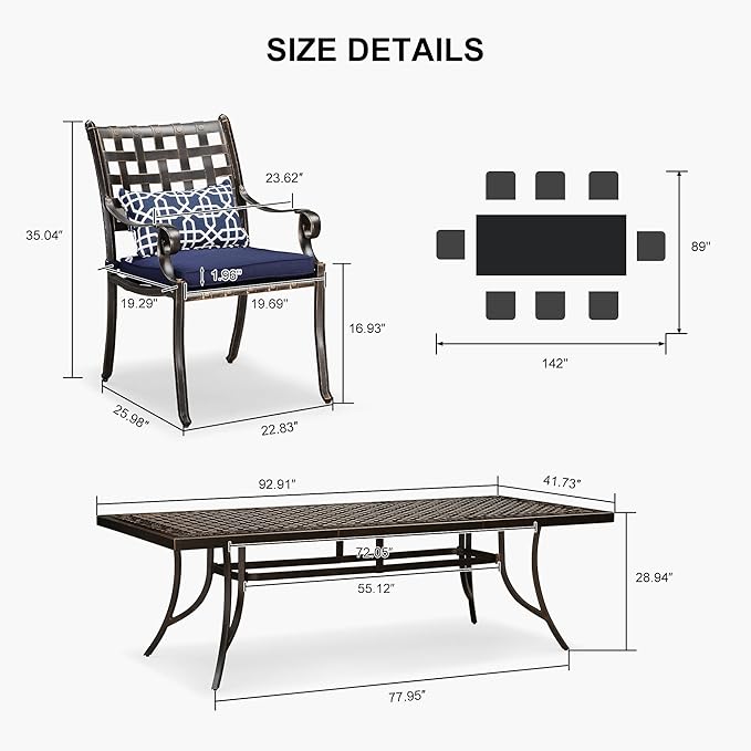 PURPLE LEAF 9 Pieces Patio Dining Sets Cast Aluminum Furniture with Rectangular Table for Lawn Garden Backyard Deck Outdoor Dining Sets with Cushions and Pillows, Lattice Navy Blue