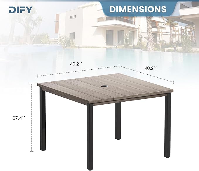 DIFY 40.2" Square Patio Dining Table for 4, Outdoor Metal Dining Table with 1.57" Umbrella Hole for Backyard Lawn Garden, Grey Wood-Like