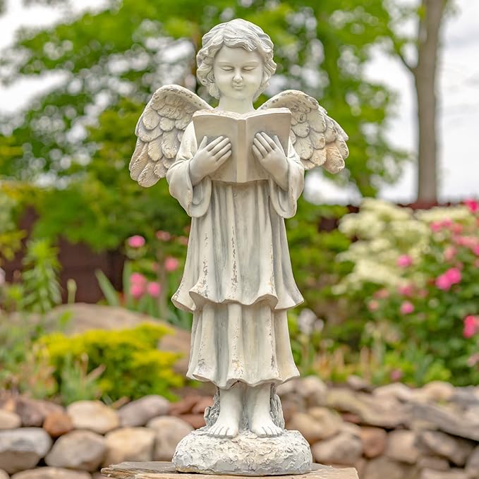 Zaer Ltd. 39" Tall Magnesium Angel Statue Figurines for Outdoor and Indoor Use (Reading a Book Symone, Antique White)