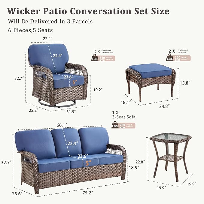 6 Pieces Patio Furniture Set Outdoor Sectional Sofa Couch with Rocking Swivel Chairs 5" Deep Seat Chairs, Modern Wicker Rattan Conversation Set, Blue/Brown Wicker
