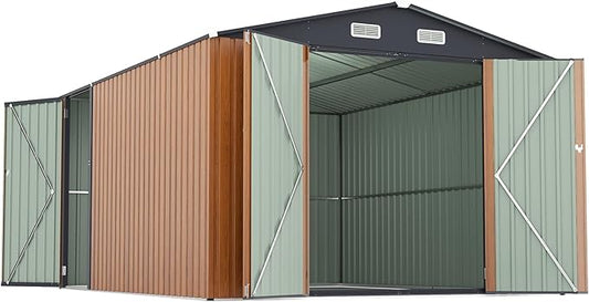 9x11 FT Outdoor Metal Storage Shed with Lockable Door, Steel Garden Utility Shed with Vents, Backyard Patio Tool Shed for Lawn Equipment, Bike, Firewood and Mower Storage, Brown