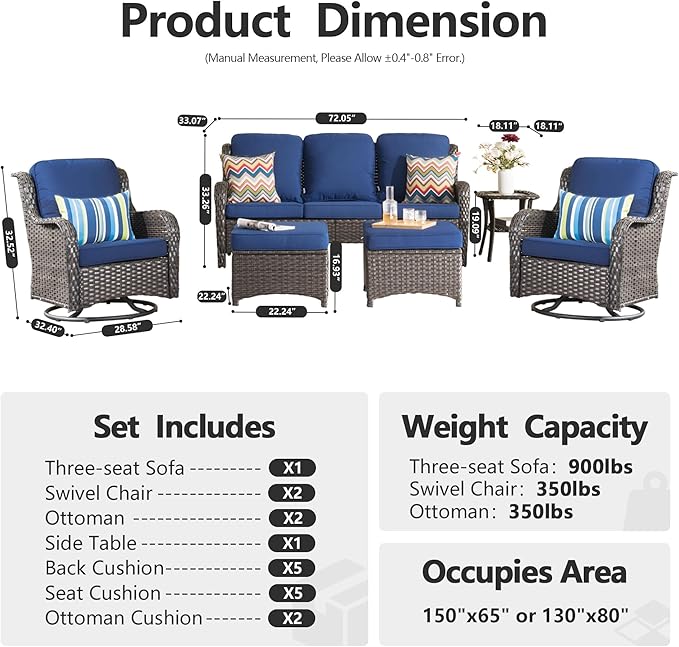 HOOOWOOO Patio Furniture Set,6 Piece Outdoor Furniture Set with Swivel Chairs,Wicker Patio Conversation Couch Chairs Ottoman Set,Navy Blue