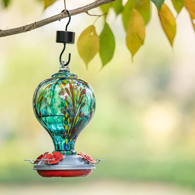 2 Packs Hummingbird Feeder for Outdoors Hanging Ant and Bee Proof, 32OZ & 34OZ, Hand Blown Glass Hummingbird Feeders for Outside, Blue & Teal