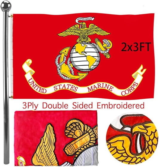 Jayus Embroidered US Marine Corps Military Flags 2x3 Outdoor - 340D Heavy Duty Nylon Double Sided USMC Flag Banner with 2 Grommets