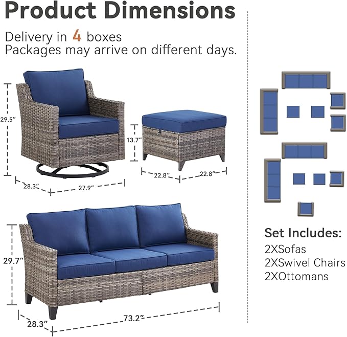 Patio Furniture Set, 6 Pieces Outdoor Wicker Rattan Sofa Couch with Swivel Rocking Chair, Ottomans and Comfy Cushions, All Weather Patio Conversation Sets, Suit for Porch Deck Garden