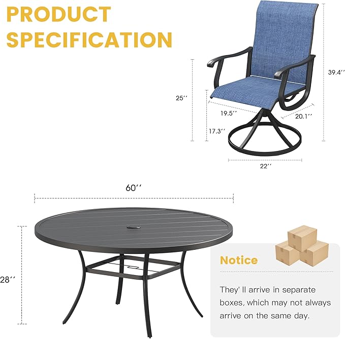 VICLLAX Patio Dining Set for 8, 9 Pieces Outdoor Furniture Includes 60" Round Patio Table with Umbrella Hole and 8 Outdoor Swivel Chairs for Lawn Garden, Black Tabletop and Blue Fabric