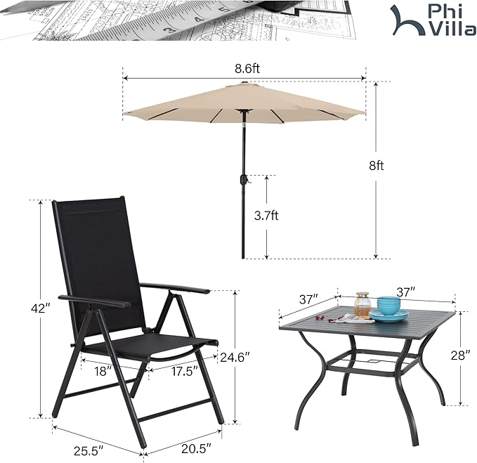 PHI VILLA Outdoor Patio Dining Set for 4 with 9 FT Patio Umbrella, Patio Table and Chairs Set with Adjustable Patio Folding Chairs & Outdoor Dining Table, Beige Umbrella (No Base)
