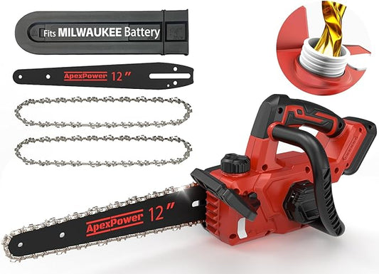 12 Inch Brushless Electric Chainsaw Cordless, Compatible with Milwaukee M18 Battery, Auto Oiler, 44.3 FT/S Powerful Cutting, Low Kickback, Battery Powered Chainsaw for Trees Pruning Wood Cutting