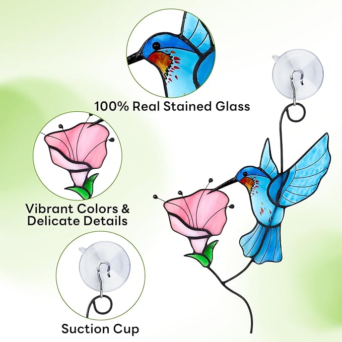 Handmade Stained Glass Hummingbird Suncatcher, Blue Bird with Pink Flower Window Hanging Decor, Art Glass Ornament, Unique Gifts for Mom, Bird Lovers & Home Decoration