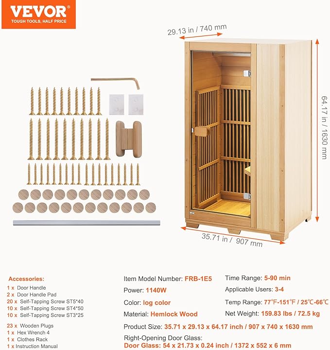 VEVOR Far Infrared Wooden Sauna, Room Home Sauna Spa for One Single Person, Low EMF Far Infrared Hemlock Wood Sauna with Tempered Glass Door & LED Reading Lamp & Bluetooth Speakers, 1140W Indoor Use