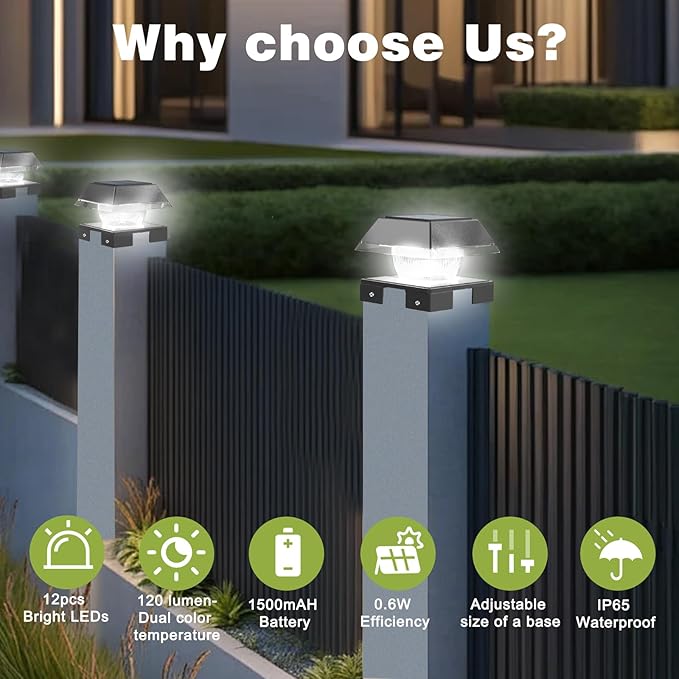 INDARUN 4x4 Solar Post Cap Lights Outdoor Waterproof, Fence Deck Post Solar Lights for 4x4 5x5 6x6 Wooden Posts/4x4 Vinyl Posts, 120Lumen Cool/Warm White, for Porch, Patio, Backyard, Stair(2 Pack)