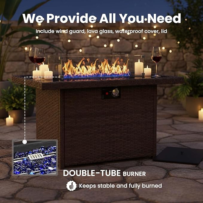 7 Pieces Patio Furniture Sets with Fire Pit Table, Wicker Rattan High Back Outdoor Swivel Rocking Chairs Set with Side Table