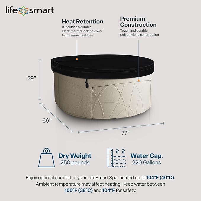 LifeSmart 4-Person Hot Tub, Outdoor Spa with Cover and LED Lights, Circular, Beige - Above-Ground Spa Machine with Accessories for Home and Personal Relaxation