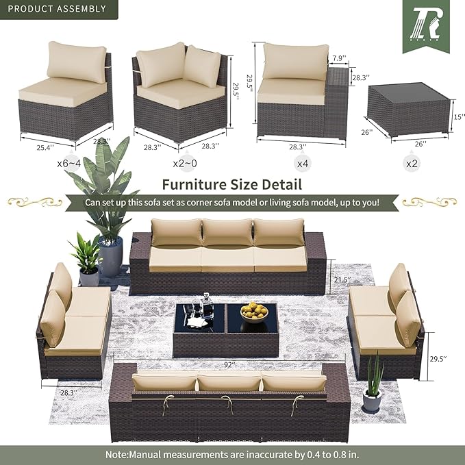 Outdoor Patio Furniture Set, 12 Pieces Outdoor Furniture All Weather Patio Sectional Sofa PE Wicker Modular Conversation Sets with Coffee Table,10 Chairs & Seat ClipsBrown.