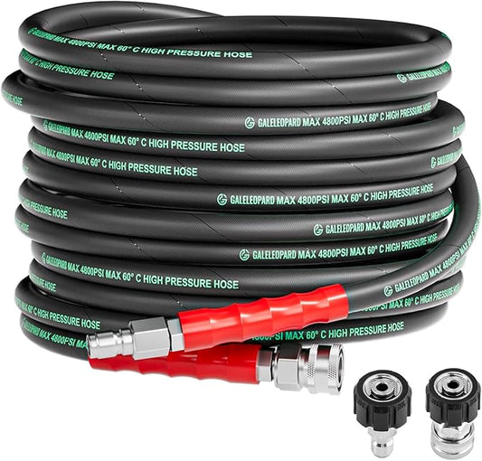 3/8" Pressure Washer Hose 50FT 4800PSI, with M22 14 mm to 3/8 Inch Quick Connect, Kink Resistant Industry Grade Steel Wire Braided Synthetic Rubber Jacket with 2 M22 14mm Adapter Set