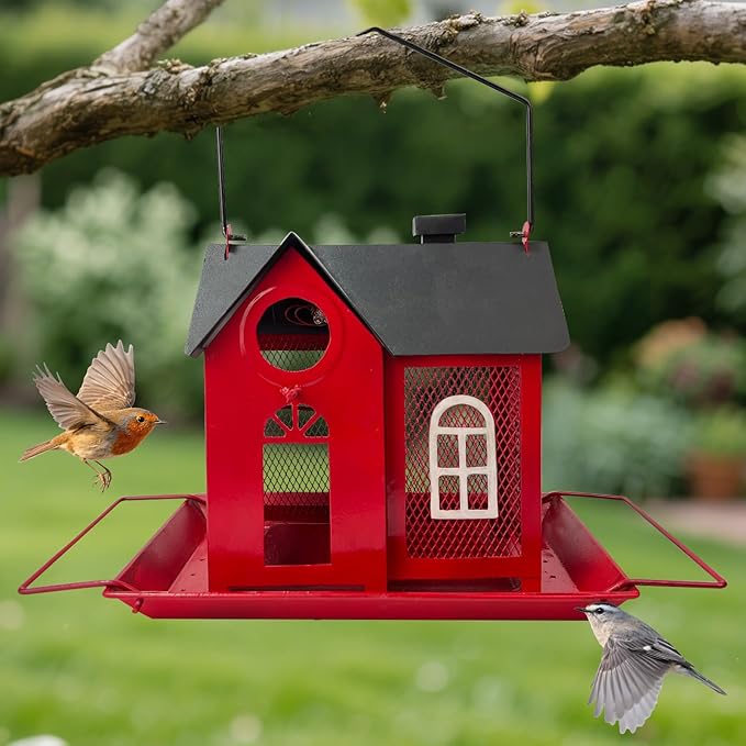 Solar Bird Feeder House for Outdoors – Red Metal Hanging Bird Feeder with Solar Light, Decorative Bird House Feeder for Cardinals, Finches, and Wild Birds, Weatherproof Backyard Garden Decor