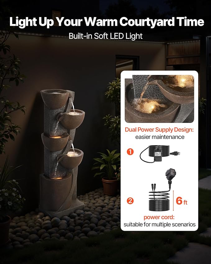 VEVOR Outdoor Water Fountain, 49.61 in Height Fountain and Waterfall, 5-Tier Floor Standing Jar-Shaped Cascading Fountains with LED Light and Pump, for Outdoor Indoor Garden, Home, Patio & Backyard
