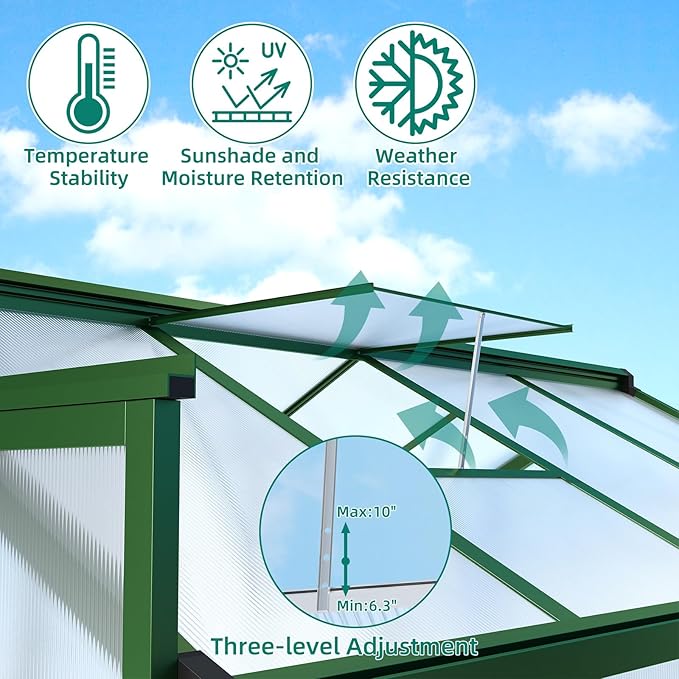 6 X 8 FT Greenhouse, Heavy-Duty Polycarbonate Large Walk-in Greenhouse Roof Vent ,Aluminum Frame & Lockable Door, for Backyard, Green Houses for Outside Garden Backyard