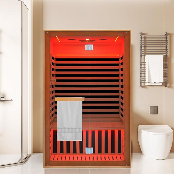 Far Infrared Sauna Home Sauna Indoor Sauna for 2 Person, 7 Color LED Dry Sauna Room with Low EMF 1950W for Home Gym, Canadian Hemlock Wood