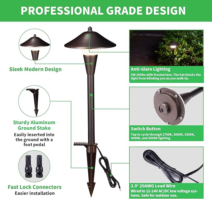 Pathway Landscaping Lighting, Low Voltage 5cct Modes Garden Path Light LED 12V, Outdoor Waterproof Sidewalk Lights, 5W 200LM Oil Rubbed Bronze Aluminum for Outside Walkways Yard (12 Pack)