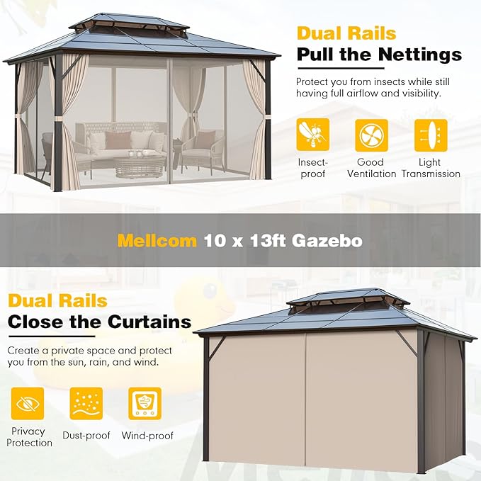 MELLCOM 10'x13' Hardtop Gazebo with Polycarbonate Double Roof, Aluminum Frame Outdoor Gazebo Permanent Pavilion with Curtains and Netting for Patio, Lawn & Garden