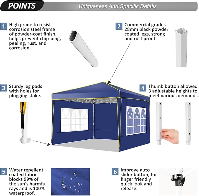 COBIZI 10x10 Pop Up Canopy Tent with 4 Removable Sidewalls, One Person Setup, Outdoor Event Commercial Canopy, UV Protection 50+, 3 Adjustable Heights, Carry Bag, Sandbag, Stakes & Ropes, Navy Blue