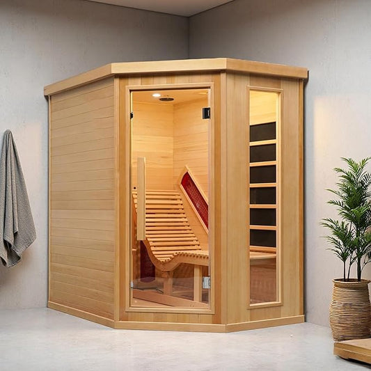 Corner Sauna 1 Person, Infrared Wooden Sauna, Luxurious Canadian Hemlock Home Saunas, 2300 W 8 Heating Element, Low EMF Full Size Indoor Spa(Right Recliner)
