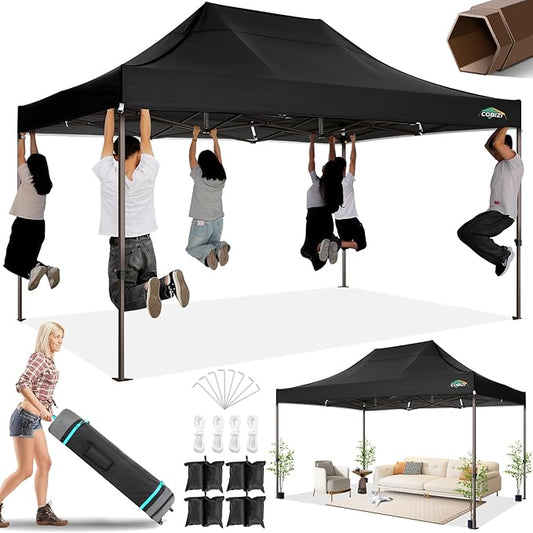 COBIZI 10x15 Pop Up Heavy Duty Canopy with Upgrated Hexagonal Legs, Easy up Tent for Parties, Commercial and Wedding, Outdoor Canopy with Roller Bag, Sand Bags, Waterproof & UPF50+ (Black)