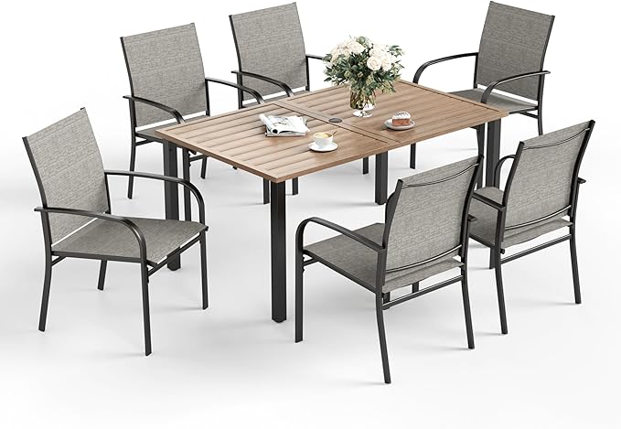 7 PCS Patio Dining Set for 6, Rectangular Wood-Like Metal Table with Umbrella Hole and 6 Chairs, Outdoor Table and Chairs for Lawn Garden Backyard and Deck, Brown