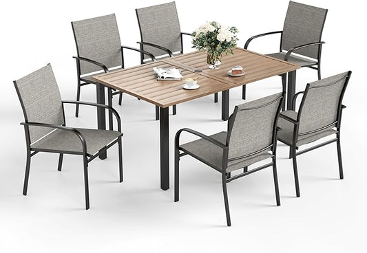7 PCS Patio Dining Set for 6, Rectangular Wood-Like Metal Table with Umbrella Hole and 6 Chairs, Outdoor Table and Chairs for Lawn Garden Backyard and Deck, Brown