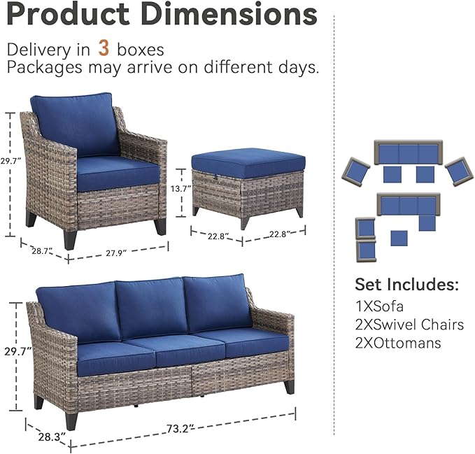 Patio Furniture Set, 5 Pieces Outdoor Wicker Rattan Sofa Couch with Rattan Chair, Ottomans and Comfy Cushions, All Weather Patio Conversation Sets, Suit for Porch Deck Garden
