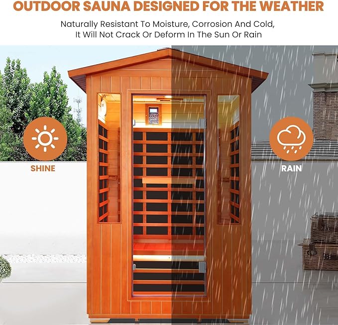 Outdoor Sauna 2 Person Sauna Infrared Saunas Dry Sauna Room 2080W/110V Low EMF Outer Board Red Cedar/Inner Board Fir Wood, Oxygen Bar, Speaker, LCD Control Screen, LED Lights - 48.8*38.2*81.9 in