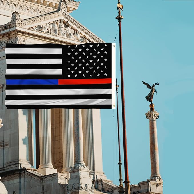 Embroidered Thin Blue and Red Line Flag 3x5 Outdoor Police Firefighter Flag Polyester Fiber Bright Color with Durable Canvas Header and 2 Non Fading Brass Grommets