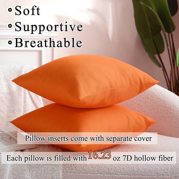 18" x 18" Throw Pillows, Outdoor Waterproof Pillows with Inserts, Square Decorative Pillows for Patio Furniture Garden Couch Sofa Home(Orange, Set of 2)