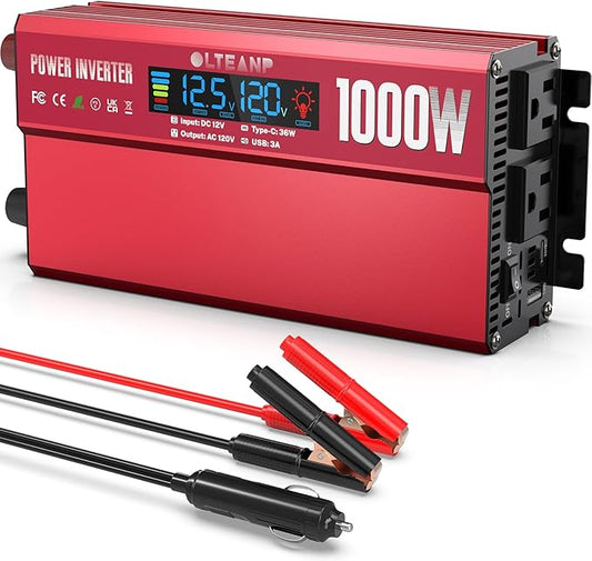 1000W Power Inverter with LCD Screen Display, 2 AC Outlets, 36W Type-C Port, 5V/3A USB Port, 12V DC to 110V/120V AC Inverter for Truck, Home, Vehicles, Laptop, Trip