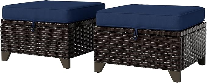 Vista Vibe 2 Pieces Patio Wicker Ottomans, Luxurious Footstools, Outdoor Small Footrest, Wicker Furniture with Removable Cushions,All-Weather PE Rattan, Garden, Backyard, Porch(Brown/Navy)