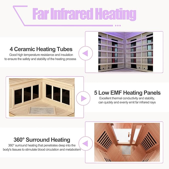 Infrared Saunas 2-3 Person, Ceramic Infrared Sauna for Home, Low EMF Indoor Home Sauna Spa, Ultra Large Size Corner Sauna, Hemlock Wood Sauna Room, Bluetooth Speakers, Chromotherapy Lights