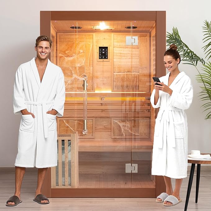 Smartmak Wood Home Steam Sauna, 2 Person Canadian Red Cedar Traditional Luxurious Wooden Indoor Spa Room, with 3 kw Heater, Bluetooth Speaker, Rocks, Water Bucket, Spoon, Lights
