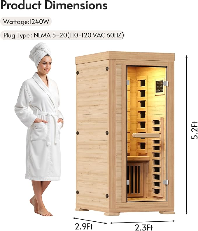 Infrared Sauna at Home 1 Person Mini with 7 Color Therapy, Low EMF 1240W Fast Heating Canadian Hemlock Wood Sauna, Indoor Dry Sauna with Bluetooth Speakers for Home, Gym (2.3Lx2.9Wx5.2H Ft)